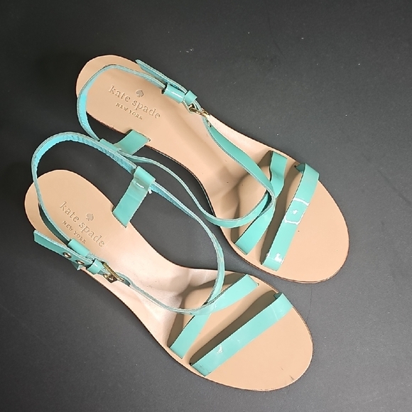 Kate Spade Shoes Women's Aqua Teal Blue Patent Leather Wedge Sandals Size 8 - Picture 2 of 7